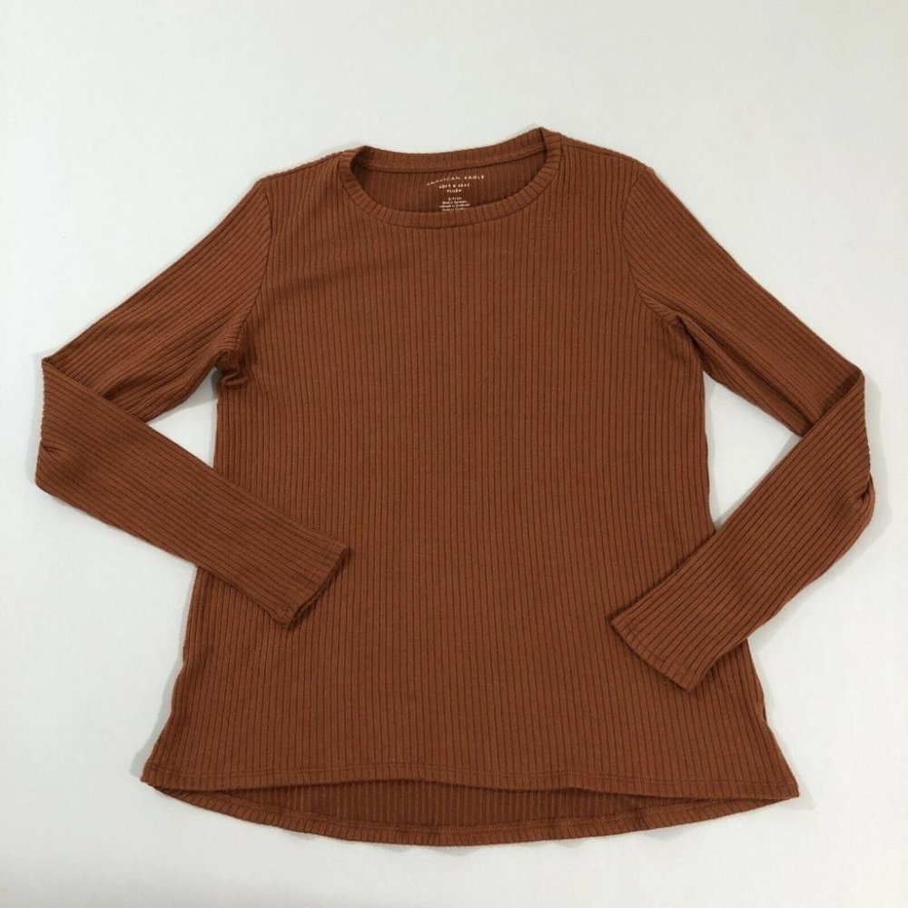 American Eagle Outfitters Ribbed Long Sleeve Top - Rust Brown